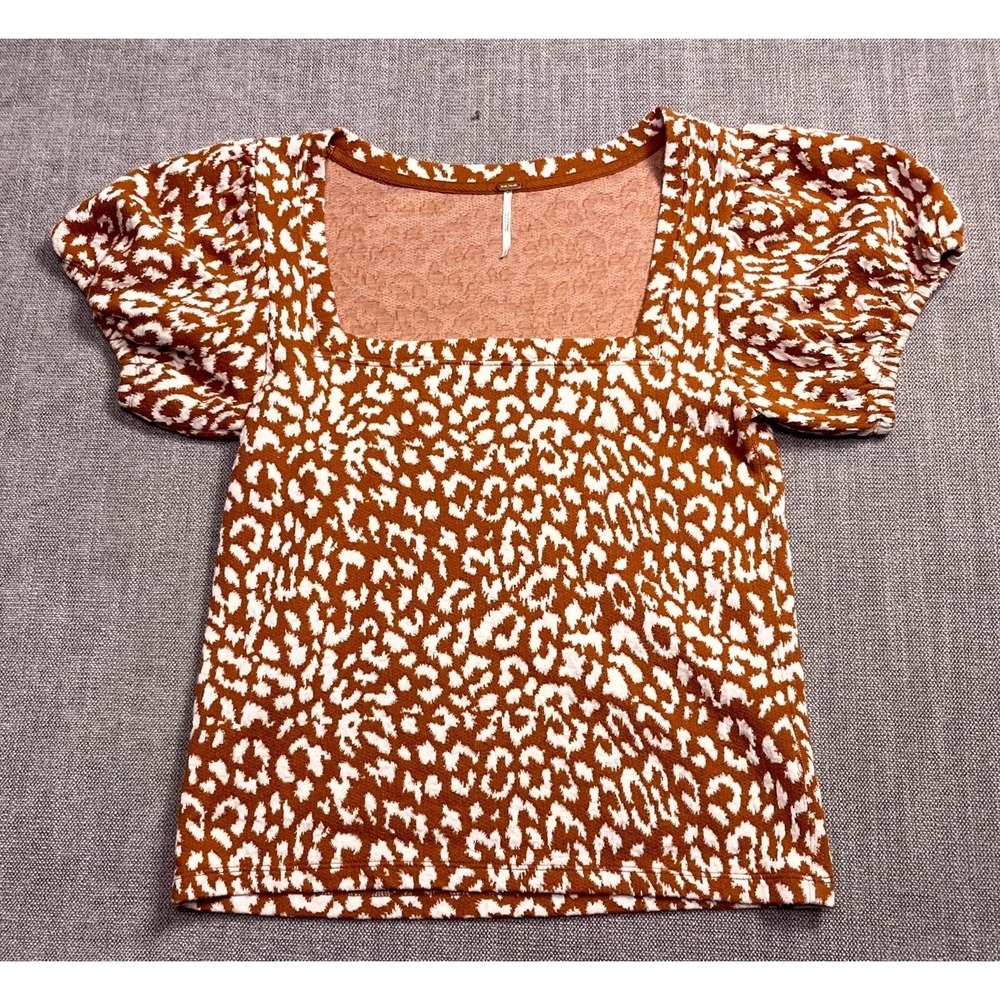 Free People No Type Blouse Top Womens L Brown Leopard Puff Sleeves Square Neck
